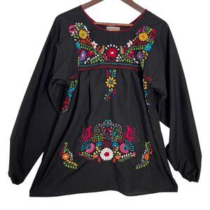 Nativa Mexican Embroidered Tunic Top Medium Black Floral Butterflies Blouse Boho